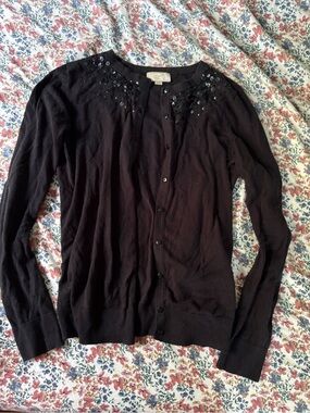 LOFT Black Embellished Crewneck Cardigan